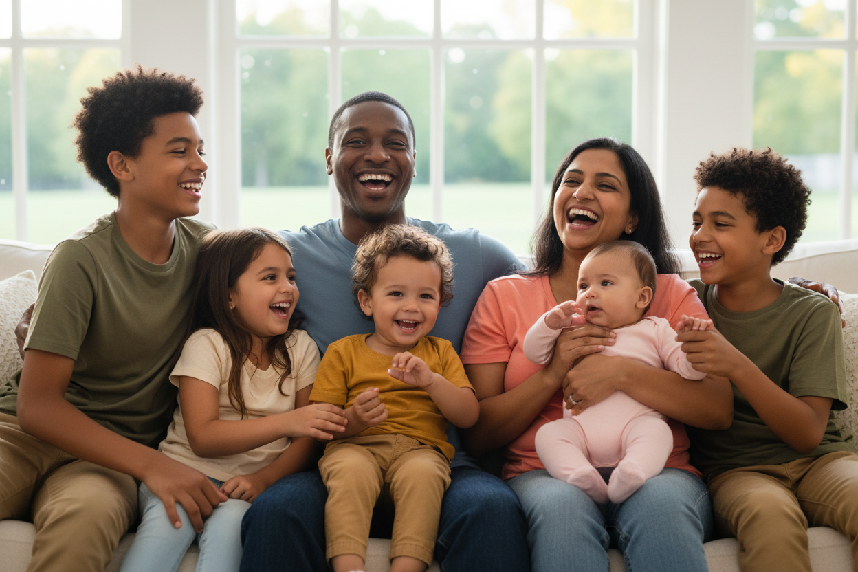 Diverse family in plain shirts